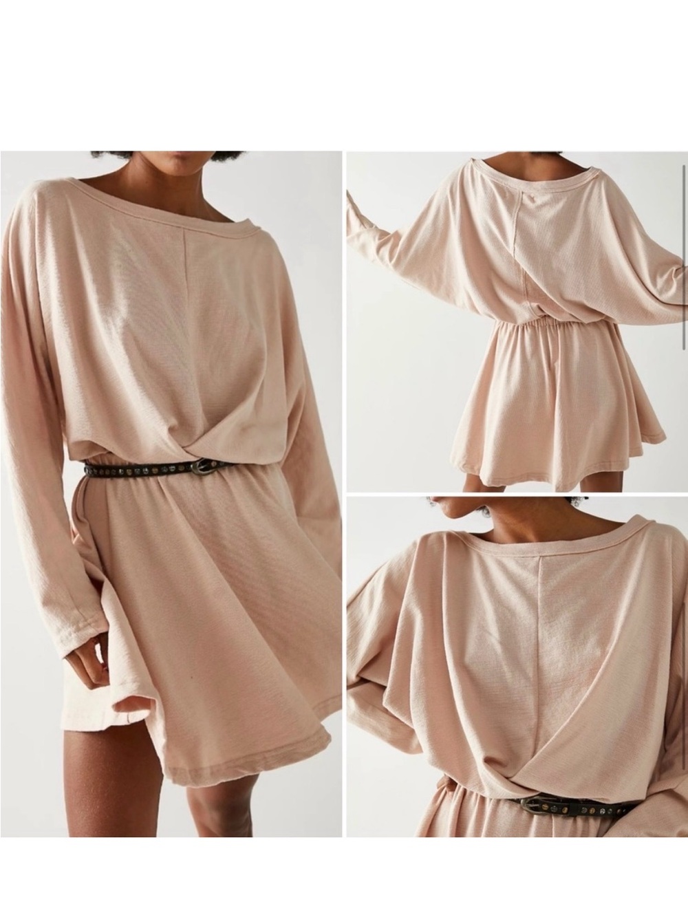 Free People Beach Blush Pink Elastic Waist Long Sleeve Raw Hem Lightweight Dress